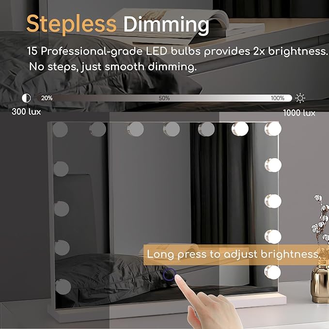 Hollywood Vanity Mirror with Lights, 15 Led Bulbs, 3 Lighting Modes