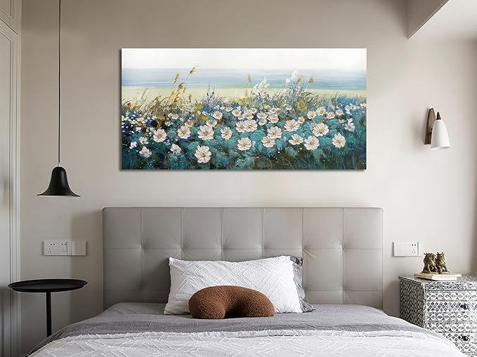 Arjun Flower Wall Art for Living Room, Teal Bedroom Canvas Daisy Floral Painting Landscape Picture Artwork Large Textured Office Home Dining Room Kitchen Wall Decor 40"x20"