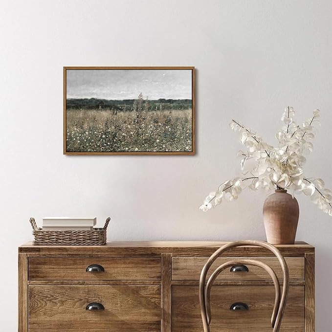 OIQArtOIQ Vintage Framed Wall Art Wildflower Field Meadow Canvas Art Prints