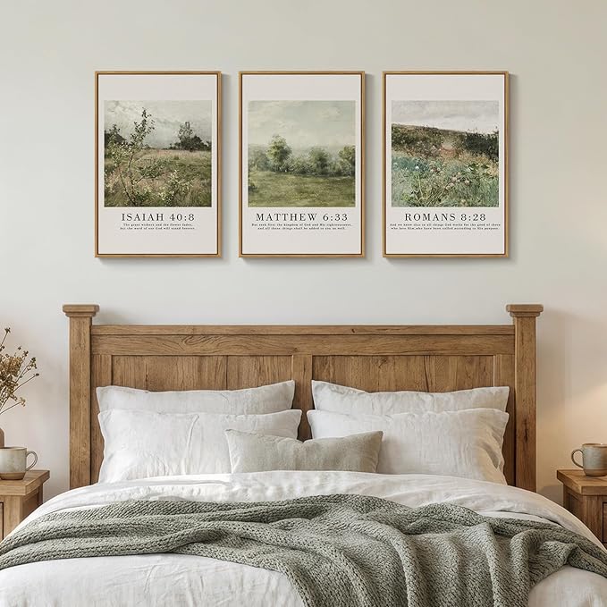 Framed Vintage Christian Wall Art Set of 3, Rustic Wildflower Landscape Bible