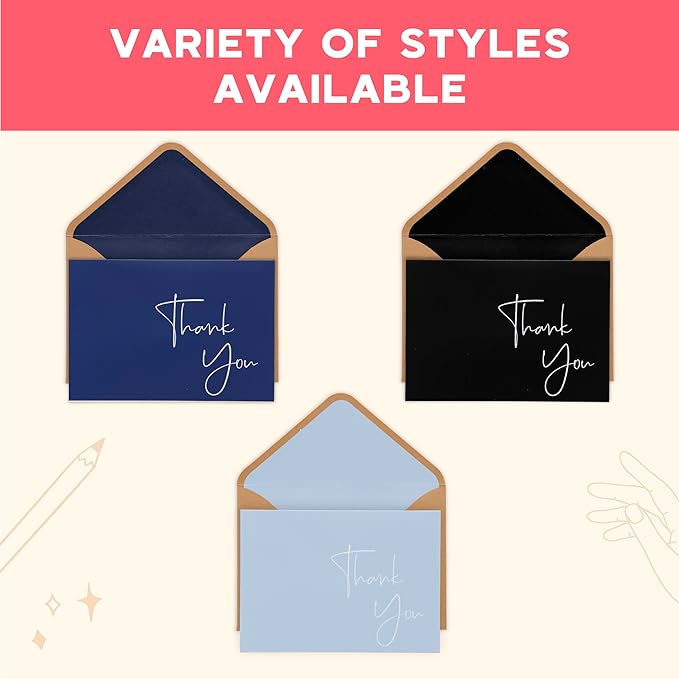 VNS Creations 20 Pack Thank You Cards With Envelopes, Stickers, 4x6 Inch Blank Thank You Notes - Bulk Box Set Large Notes for Graduation, Wedding, Small Business, Baby & Bridal Shower - Navy Blue