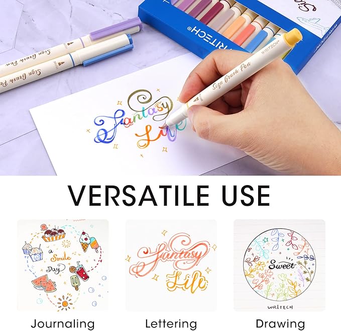 WRITECH Arts Sign Brush Pen Brush Tip Marker Felt Tip Water Based Ink Color Pens 12 Assorted Vintage Colors Great for Lettering Journaling Calligraphy (Vintage)