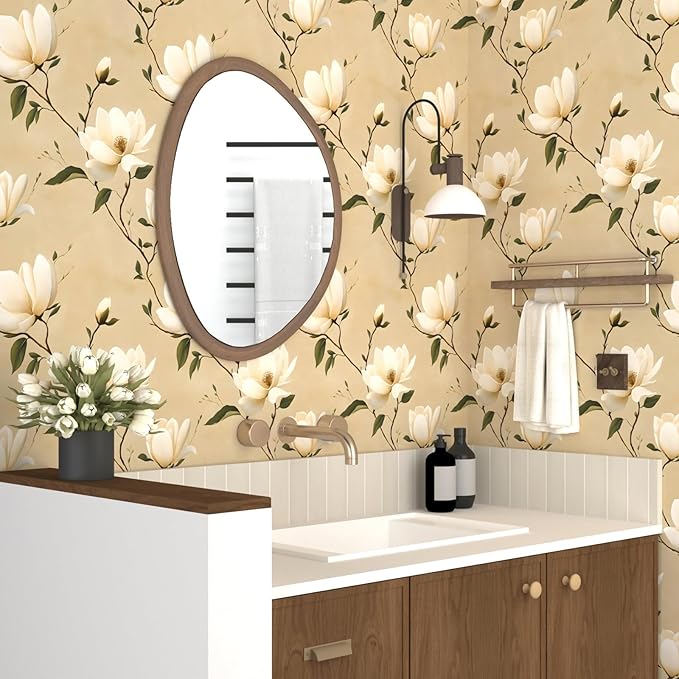 Vintage Floral Peel and Stick Wallpaper Khaki White Flowers Contact Paper