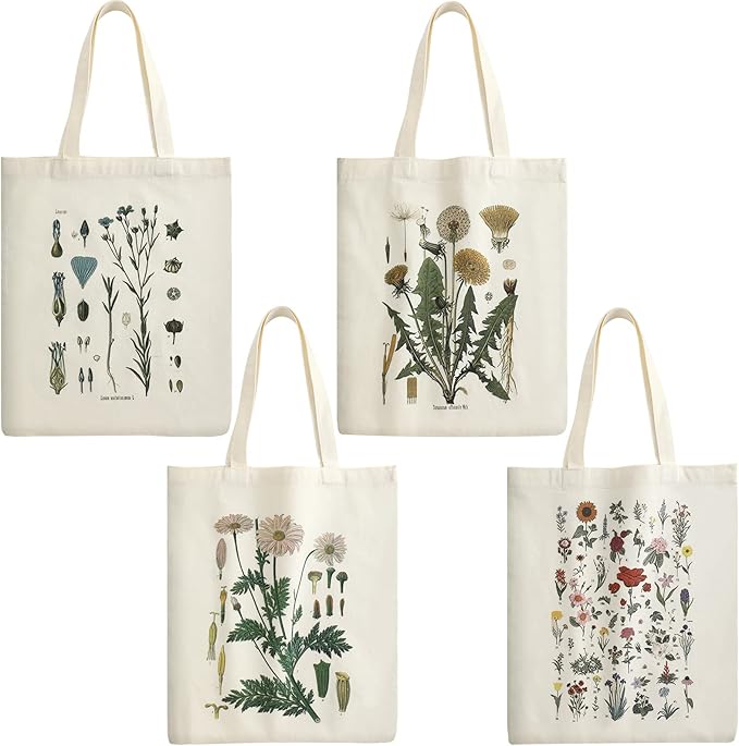 4 Pieces Floral Canvas Tote Bag for Women Book Club Gifts Cute Aesthetic Canvas Bags Bulk Flower Reusable Grocery Shopping Bag Aesthetic for Women
