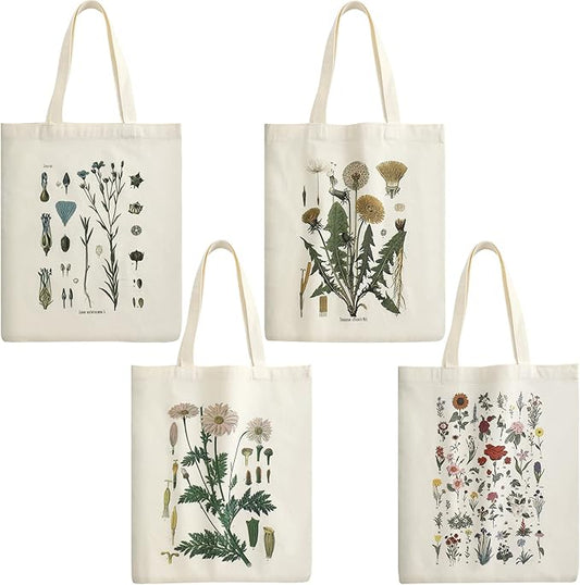 4 Pieces Floral Canvas Tote Bag for Women Book Club Gifts Cute Aesthetic Canvas Bags Bulk Flower Reusable Grocery Shopping Bag Aesthetic for Women