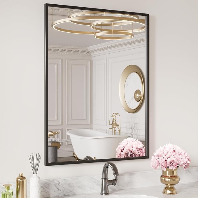 LOAAO 20"X30" Black Rectangle Bathroom Mirror Wall, Matte Black Aluminum Alloy