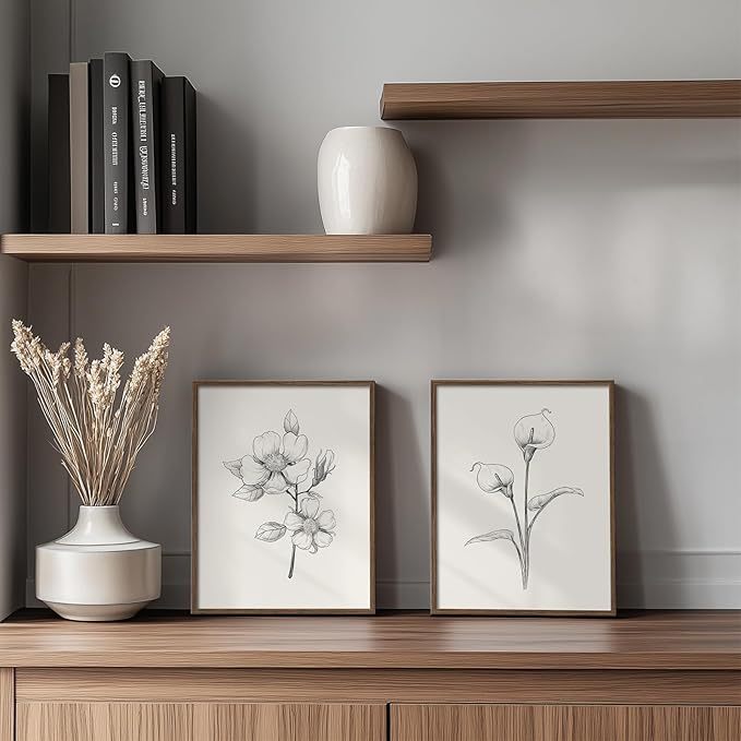 Vintage Floral Wall Art with Walnut Framed, 4 Piece Farmhouse Black and White