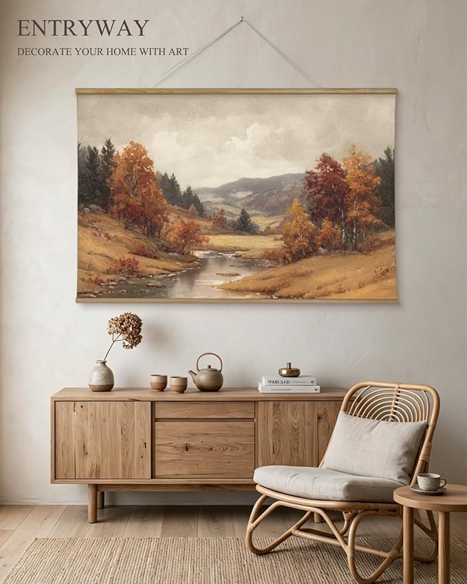 ARPEOTCY Extra Large Vintage Framed Wall Art, 36x54 Inch Autumn Landscape Wall Art, Nature Forest Landscape Wall Decor Oil Painting, Vintage Fall Farmhouse Wall Decor for Living Room Fireplace Bedroom