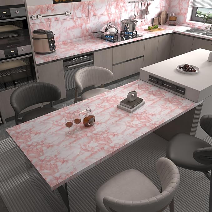 BAYYA Extra Wide Marble Contact Paper Granite Peel and Stick Wallpaper Pink