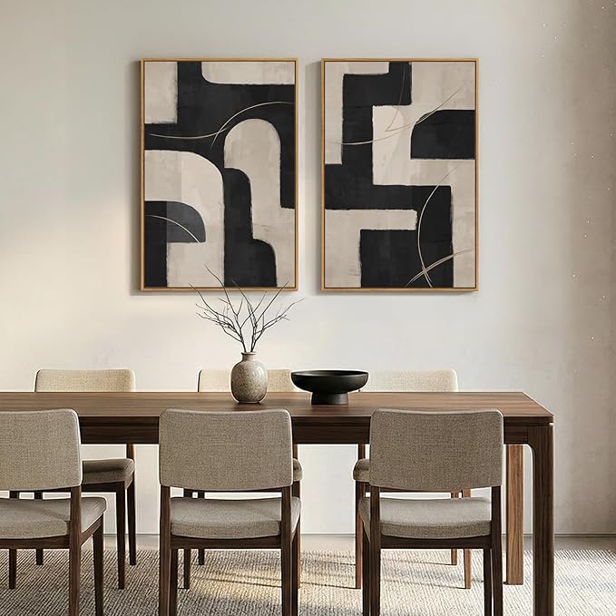 Large Framed Modern Neutral Abstract Wall Art, Geometric Pictures
