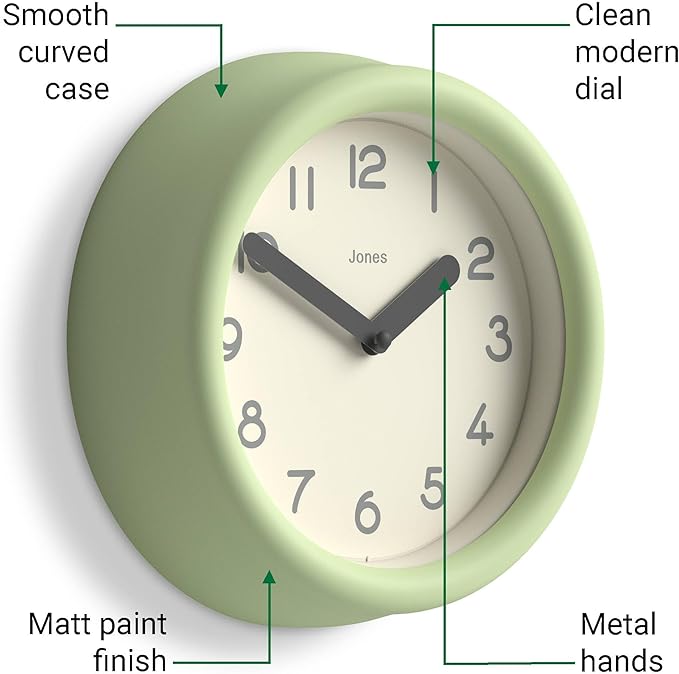 JONES CLOCKS® Fuze wall Clock | Small Round Clock | Matcha Green | Playful