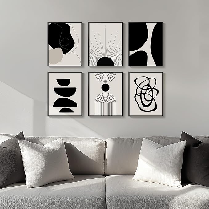 Framed Boho Black and White Abstract Wall Art, Minimalist Geometric Pictures