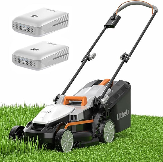 Litheli 13 Inch Electric Lawn Mower Cordless,Grass Cutter Machine for 2600 Sq.Ft. Lawnmower, 8 Gallon Capacity, Cutting Height from 1 to 2.5 in, Includes 2X4.0 Ah Battery.