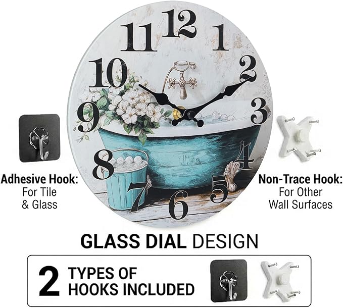 Decorative Bathroom Wall Clock, Rustic Style Waterproof Glass Wall Clock