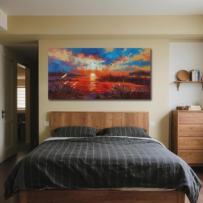 Anolyfi Sunset Wall Art for Living Room, Reed Lake Wall Decor Red Artwork for