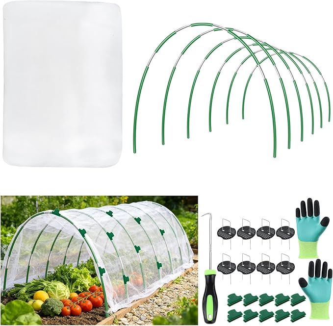 Garden Netting Kit for Raised Beds, Fiberglass Garden Hoops with 10x33FT Ultra Fine Mesh Netting and 24 Clips, Insect Netting for Garden Row Cover Vegetable Flowers Protection Barrier Plant Covers Net