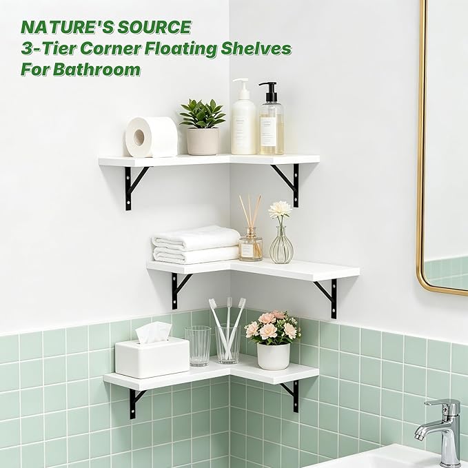 NATURE'S SOURCE Corner Floating Shelves Set of 3, Corner Shelves Wall Mounted