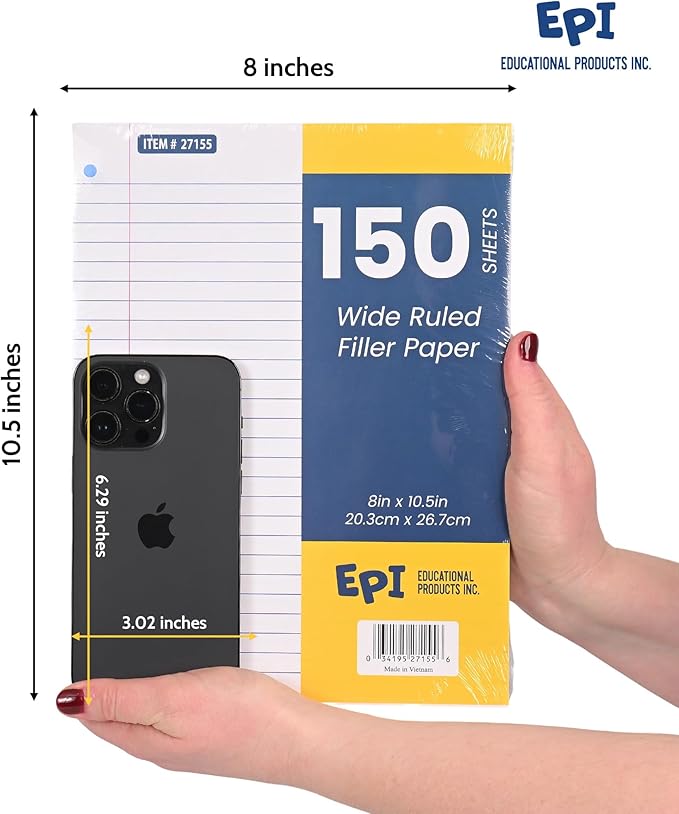 EPI Filler Paper | College Ruled | Loose Leaf, 3-Hole Punched, 10.5 x 8 in, 150 Sheets | School, Office, Notes, Binder Refill - 3 Pack