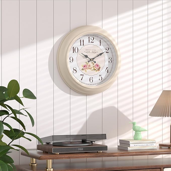 Abdurey Sweet French Rose Style Wall Clock, Battery Operated Silent, Creamy