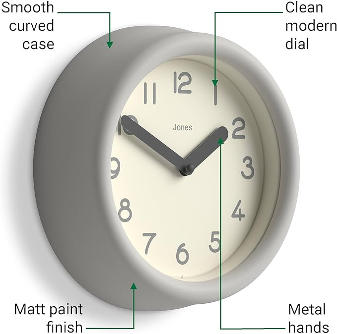 JONES CLOCKS® Fuze wall Clock | Small Round Clock | Gray | Playful Modern Design