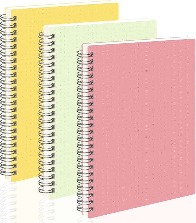 AHGXG Bullet Dotted Journal, 3 Pack Spiral Notebook A5, with 100GSM Thick Dot Grid Paper, Transparent Hardcover, Journal Stencils, 80 Sheets, 5.7" x 8.3", Yellow, Green, Blue
