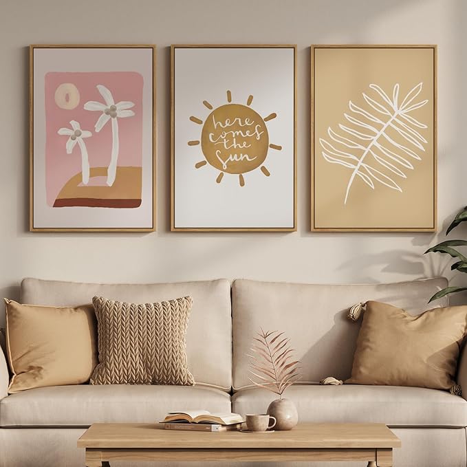 Framed Neutral Boho Abstract Wall Art Bedroom, 3 Piece Minimalist Tropical Sun