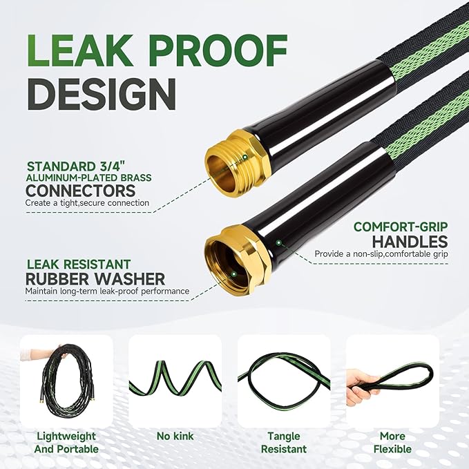Garden Hose 50 ft Flexible Water Hoses Non-Expanding Lightweight Portable No Kink High Pressure Flat Fabric 3/4” fittings Leak-proof Durable Pipe for Outdoor Outside Yard Lawn Patio Watering Car Wash