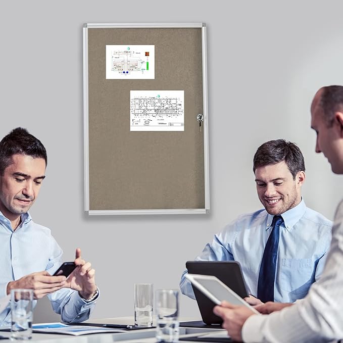 Enclosed Bulletin Board Lockable Display Case Message Board with Locking Door for Indoor, Grey Felt, Aluminum Frame, 36 X 24 in