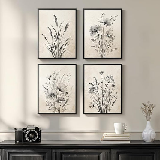Framed Boho Vintage Botanical Wall Art, 4 Piece Black and White Floral Canvas