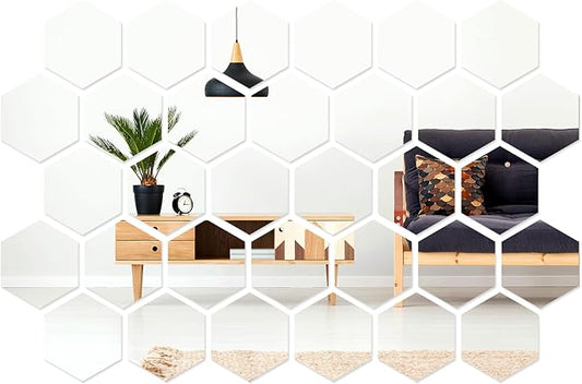 Shappy 32 Pcs Hexagon Mirror Wall Stickers Removable Silver Acrylic Mirror