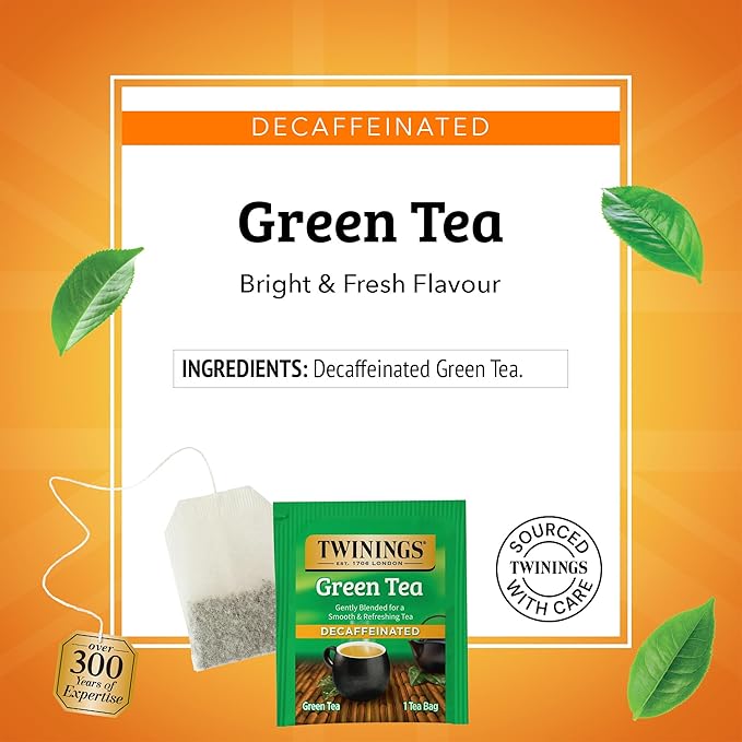 Twinings Decaffeinated Green Tea Individually Wrapped Bags, 20 Count (Pack of 6), Smooth Flavour, Enticing Aroma, Enjoy Hot or Iced, 120 Teabags