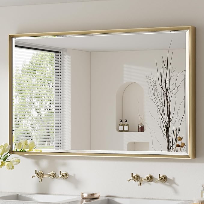 48 x 30 Gold Bathroom Mirror, Brushed Gold Beveled Bathroom Mirror,
