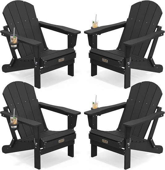 SERWALL Folding Adirondack Chair Set of 4, Weather Resistant HIPS Patio Chairs with Cup Holder for Garden Outdoors Fire Pit - Black