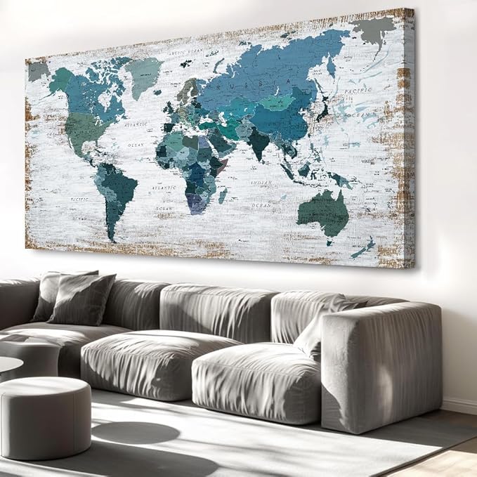 Teal Decor map of the world Canvas Wall Art Pictures