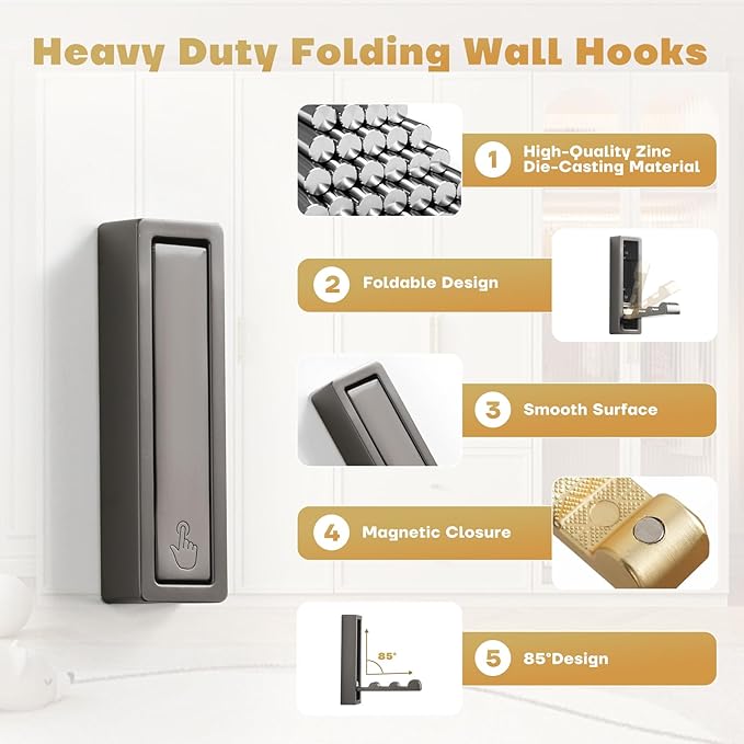 Folding Wall Hook, Heavy Duty Zinc Alloy No Rust Fold Up Hooks