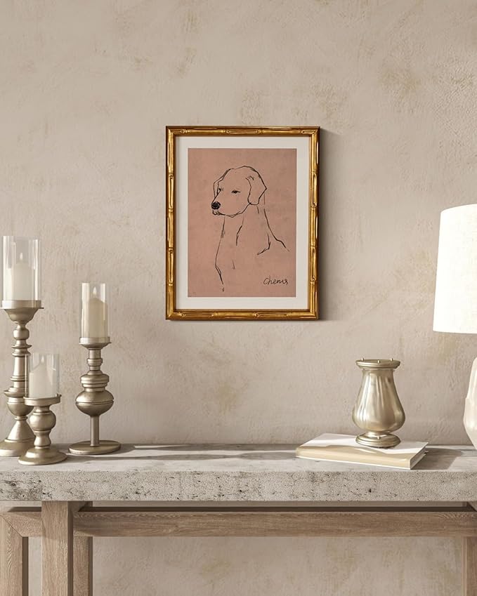 InSimSea Gold Bamboo Framed Canvas Wall Art, Minimalist Dog Sketch Animal