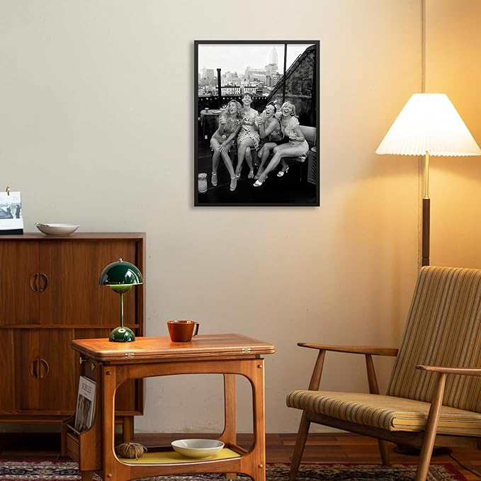 Retro Black And White Woman Black Framed Wall Art Fashion Rooftop Party Posters