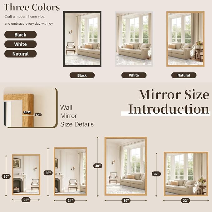Syndra Natural Wood Frame Bathroom Mirror, 24x36'' Modern Vanity Mirror