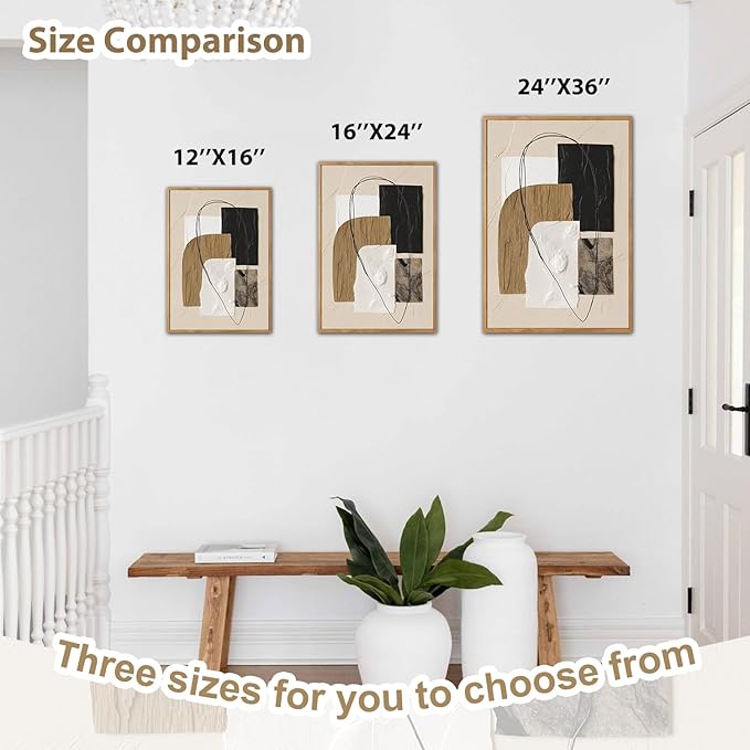 CHDITB Minimalist Geometric Framed Canvas Wall Art Set, Abstract Geometric Texture Wall Decor, Black Beige Wall Painting, Modern Art Prints for Living Room Bedroom Office 16"x24"x3