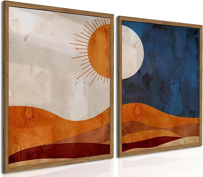 Framed Boho Sun and Moon Canvas Wall Art Set of 2, Vintage Western Desert