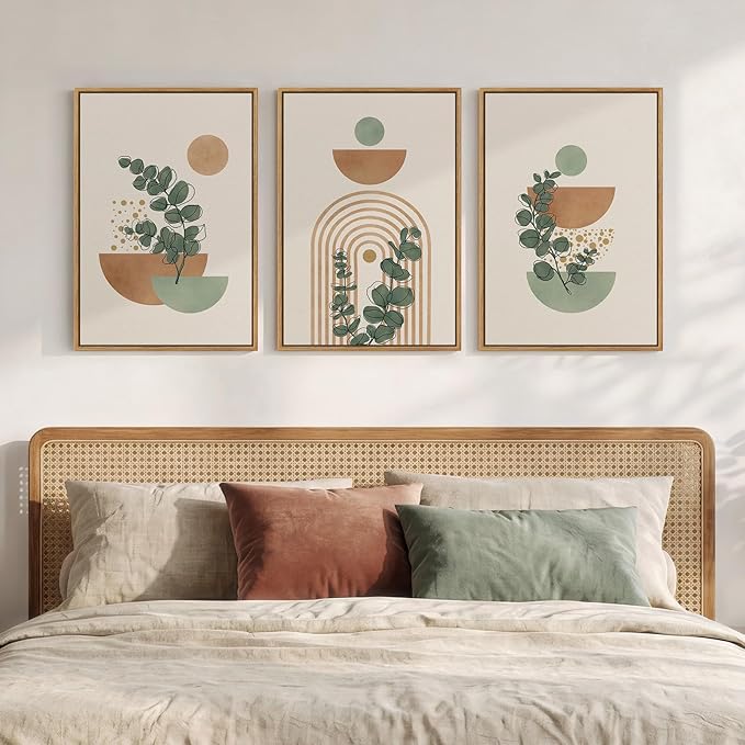 Framed Abstract Boho Wall Art for Living Room, Large Botanical Sage Green Plant