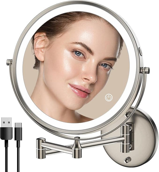 Rocollos 9" Wall Mounted Lighted Makeup Mirror, Large Double Sided 1X/10X