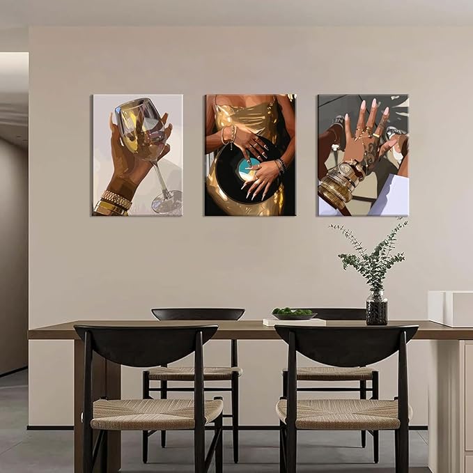 Black Girl wall Art Set of 3, African American Woman Wall Decor Fashion Gold