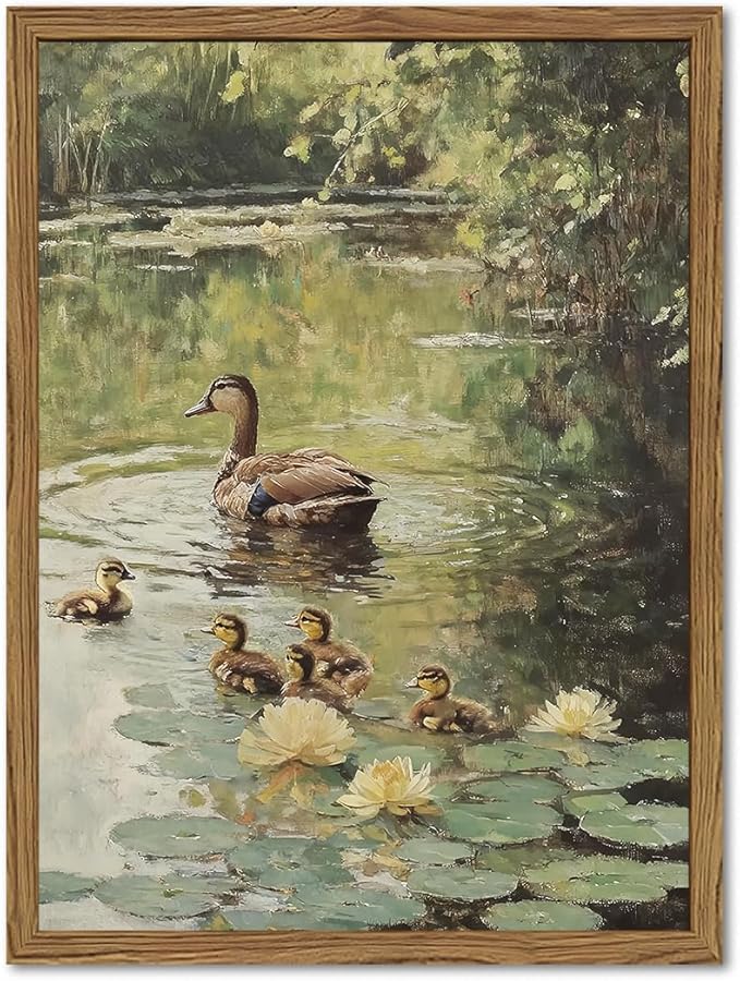 Framed Vintage Duck Canvas Wall Art, Rustic Farmhouse Animal Family Pictures