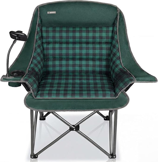 Oversized Camping Chairs for Adults- Heavy Duty Extra Large Lawn Chair,Folding Comfy Padded Camp Chair for Outdoor Sports Garden Beach Fishing,Wide&Thick,Green Plaid
