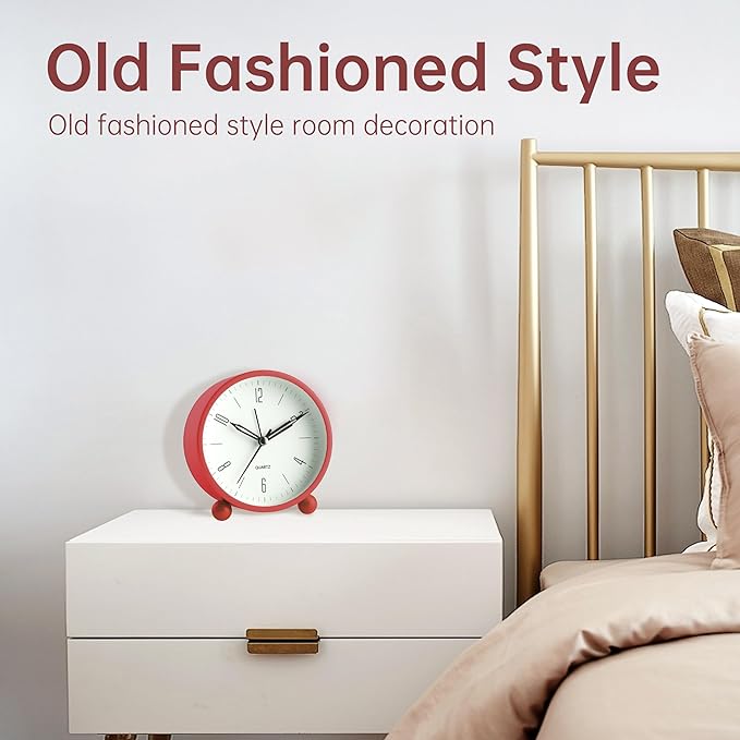 Analog Alarm Clock, 4 inch Super Silent Non Ticking Small Clock with Night Light, Battery Operated, Simple Design, Old Fashioned Style Wine-red Decor, for Bedroom, Bedside, Desk, Adult, Kid, Gift, Red
