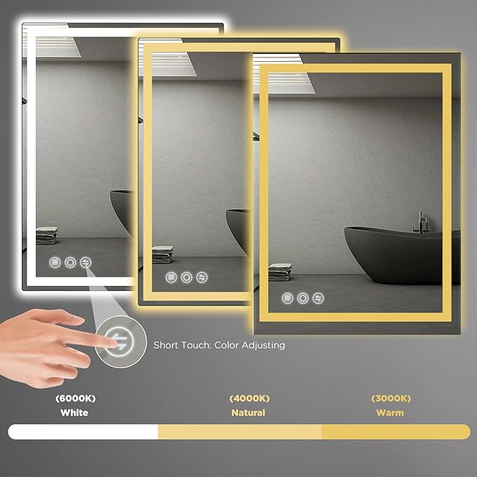 Memobarco Bathroom Mirror, Stepless 3 Colors Temperature & Dimmable, Memory