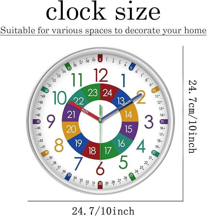 XFM Kids Wall Clock for Children's Bedroom 10 Inch Round Multi-Colored Learning
