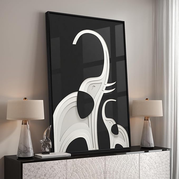 Large Framed Modern Black and White Wall Art, Contemporary Animal Elephant