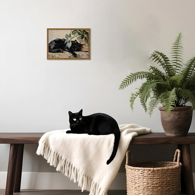Framed Black Cat Canvas Wall Art, Vintage Sleeping Cat